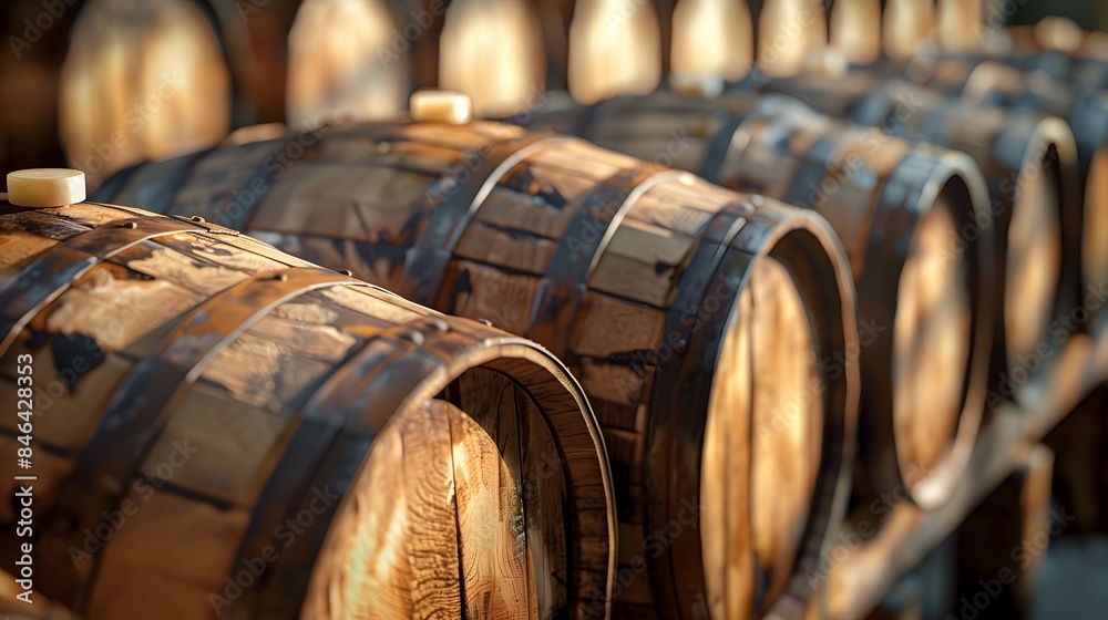 A close-up shot of wooden barrels in an old distillery, with the light casting shadows on their sides and creating intricate patterns. A close-up shot of wooden barrels in an old distillery, with the light casting shadows on their sides and creating intricate patterns.