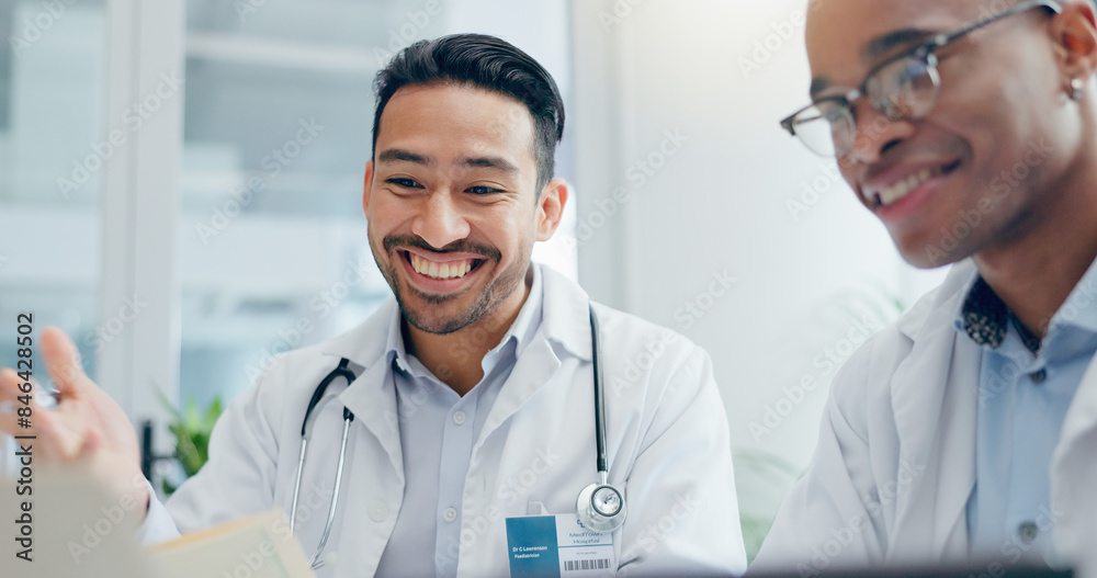 Doctors, discussion and men in hospital with healthcare for meeting, treatment plan or diagnosis. Talking, medicine and medical professionals for conversation, teamwork or collaboration in clinic