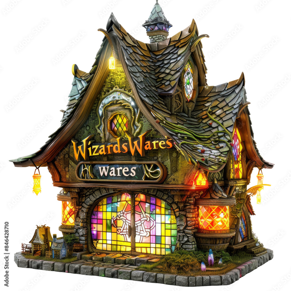 Fototapeta premium Watercolor illustration of a whimsical wizard shop with colorful lights