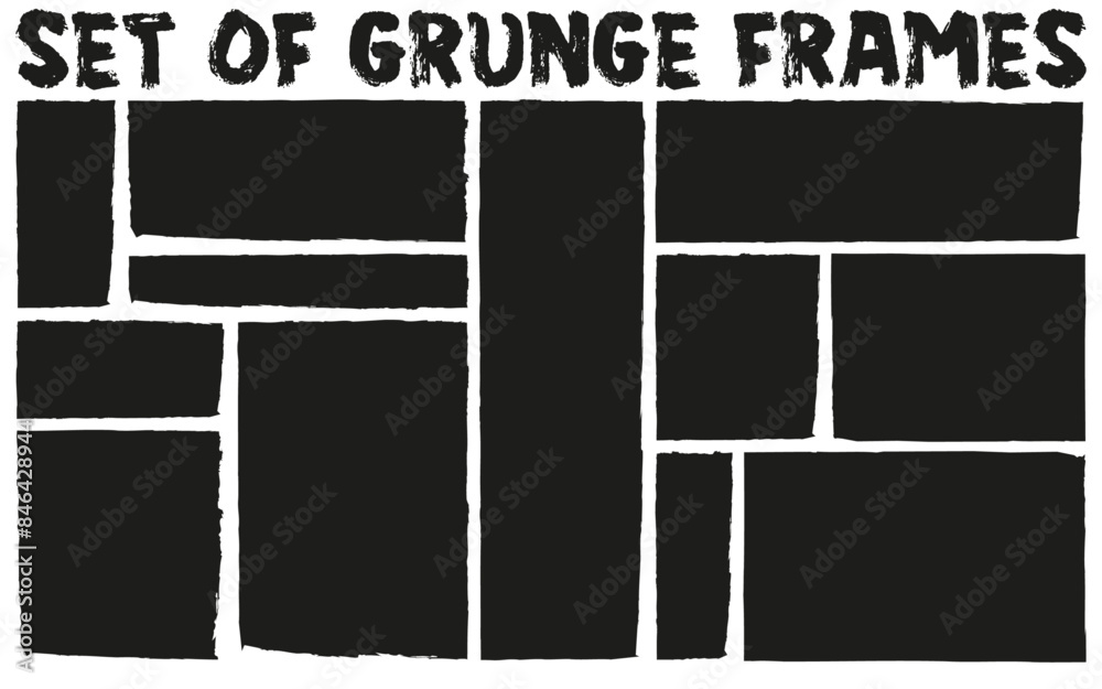 Set of grunge jagged rectangle shape. Black torn paper sheet for sticker, collage, banner. Vector illustration isolated on white background.