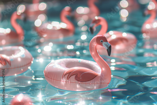 Multiple pink flamingo pool floats in sparkling water, creating a fun and whimsical summer holiday scen