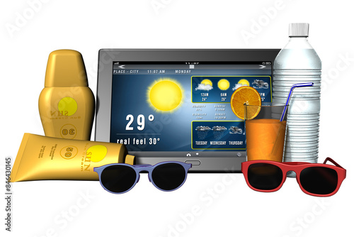 PNG. Trasparente. Tablet con app meteo e oggetti da vacanza spiaggia.Tablet con app meteo e oggetti da vacanza spiaggia.
