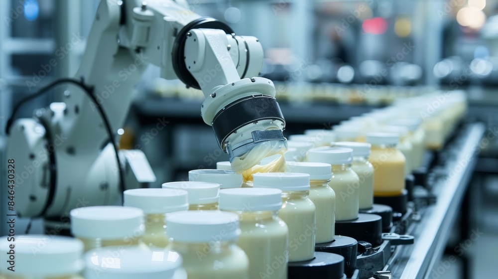 Modern factory with robotic arms efficiently producing natural mayonnaise sauce, pristine and sanitized environment, advanced automation Modern factory with robotic arms efficiently producing natural mayonnaise sauce, pristine and sanitized environment, advanced automation