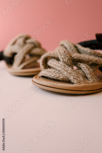 Children's sandals on pastel background, fashion