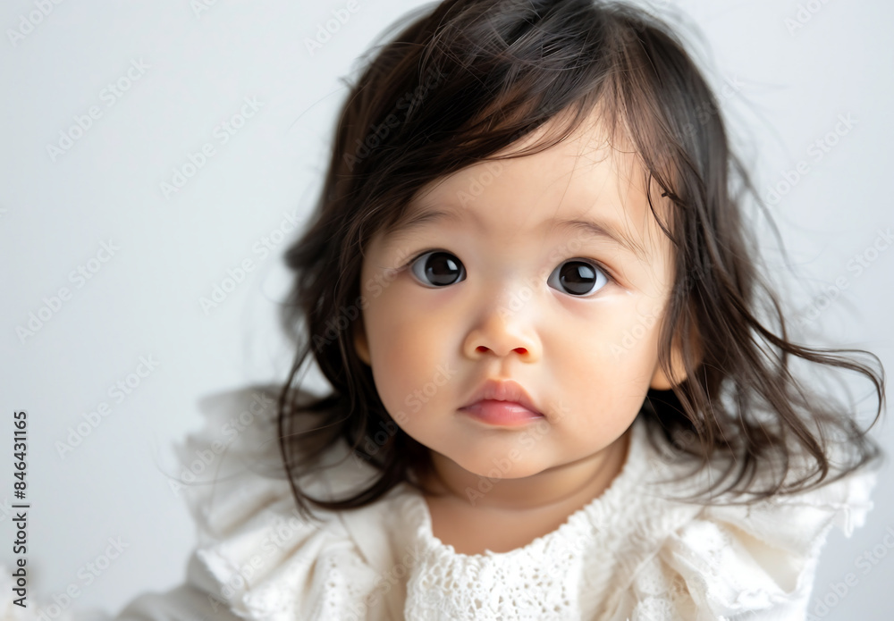 1 cute asian baby girl wearing white looking camera big eyes an expression of innocence on her face sitting in front of a pure white background halflength photo shot in the style of Sony A7c f2 lens 1 cute asian baby girl wearing white looking camera big eyes an expression of innocence on her face sitting in front of a pure white background halflength photo shot in the style of Sony A7c f2 lens