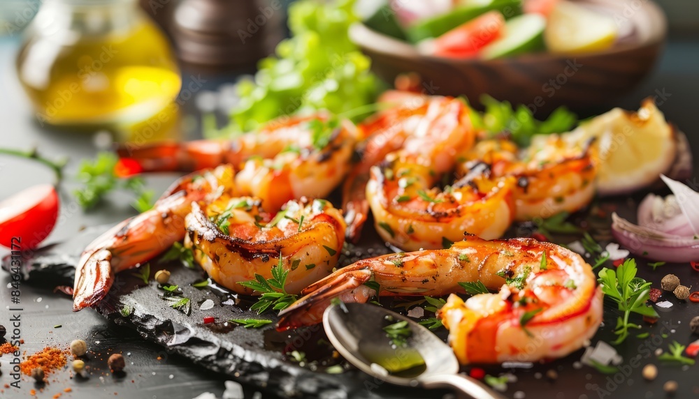 Succulent Grilled Prawns with a Flavorful Herb and Spice Blend, Served on a Bed of Fresh Salad - AR Succulent Grilled Prawns with a Flavorful Herb and Spice Blend, Served on a Bed of Fresh Salad - AR