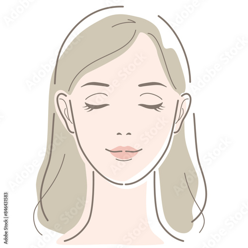 Front face of woman with long hair closes her eyes. Beauty, fashion, makeup, skincare concept. Vector illustration in line drawing, isolated on white background.