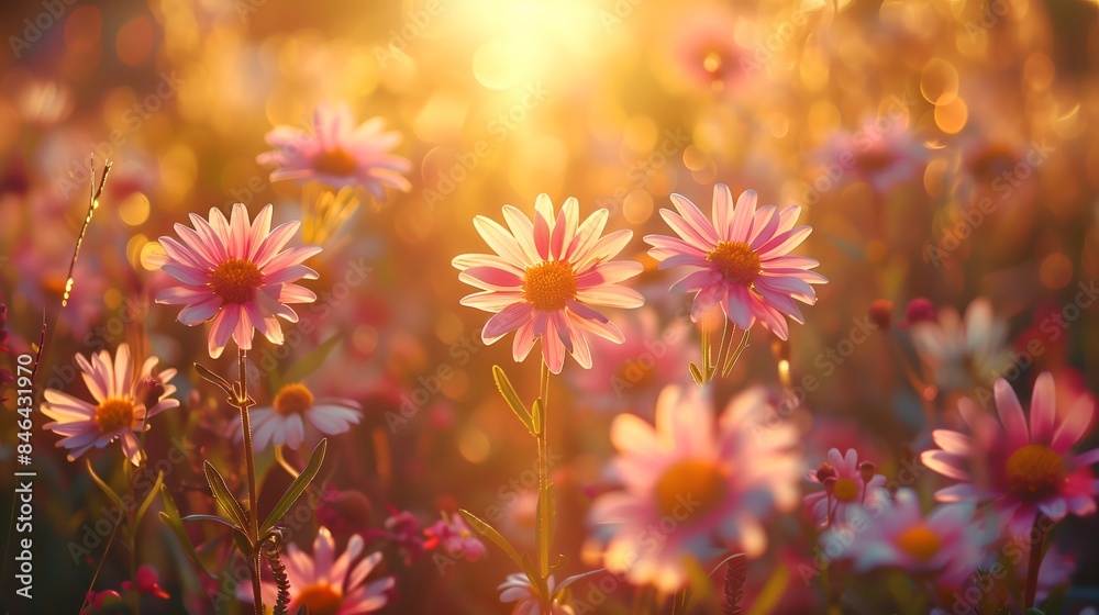 Beautiful pink daisy flowers are blooming in a field, illuminated by the warm glow of the setting sun, creating a serene and picturesque scene Beautiful pink daisy flowers are blooming in a field, illuminated by the warm glow of the setting sun, creating a serene and picturesque scene