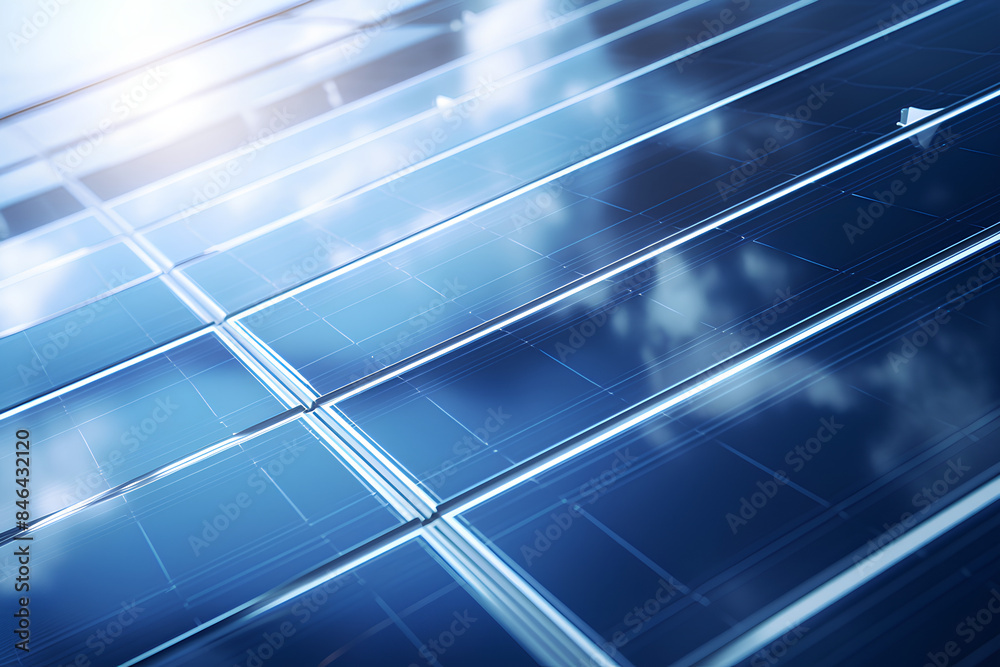 Solar panels reflect sparkling light From the sun ,Clean energy and environment. 3D rendering Solar panels reflect sparkling light From the sun ,Clean energy and environment. 3D rendering
