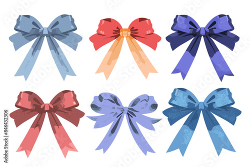 Set of various cartoon bow knots, gift ribbons Trendy hair braiding accessory vector illustration
