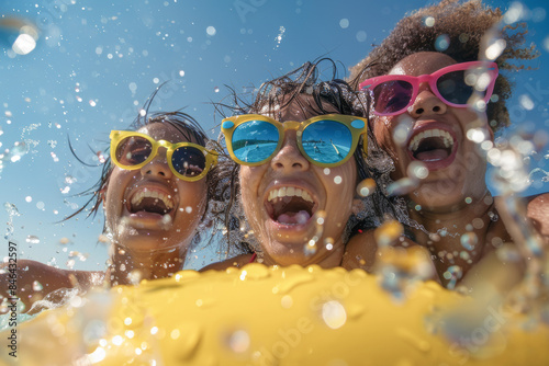 Three friends wearing colorful sunglasses joyfully splash water while enjoying a fun day outdoors, capturing the essence of childhood excitement and summer play