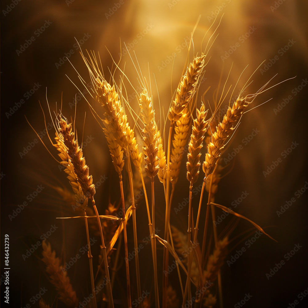 A close-up image of golden wheat ears with the sun creating a warm backlight and lens flare A close-up image of golden wheat ears with the sun creating a warm backlight and lens flare