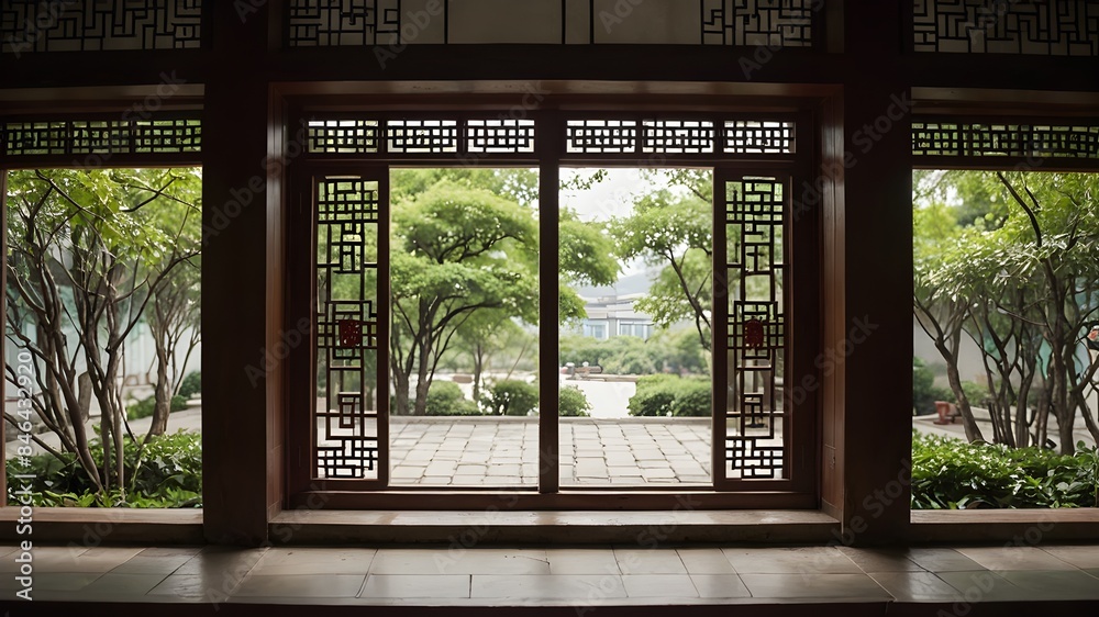 Fototapeta premium Generative AI. Enter a world of timeless beauty with this charming Chinese-style room. The delicate wooden doors and windows showcase the artistry and attention to detail that defines luxury.
