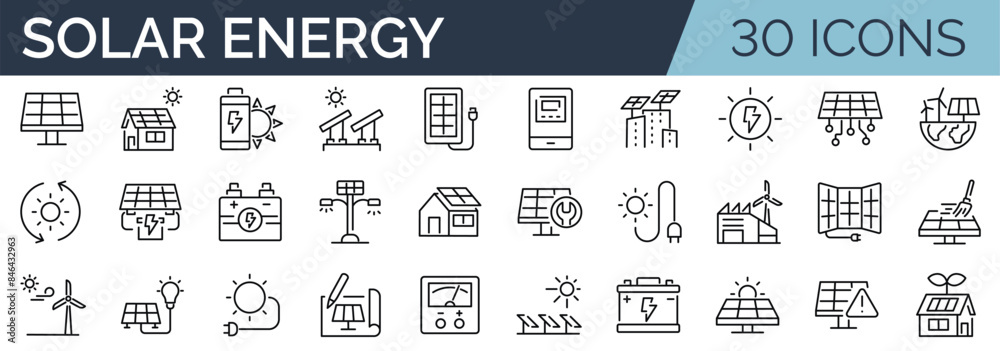 Set of 30 outline icons related to solar energy. Linear icon collection. Editable stroke. Vector illustration Set of 30 outline icons related to solar energy. Linear icon collection. Editable stroke. Vector illustration
