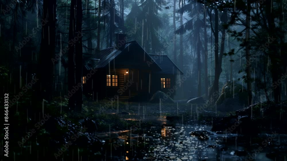 cabin in a dark forest during the rainy season. looping time-lapse video