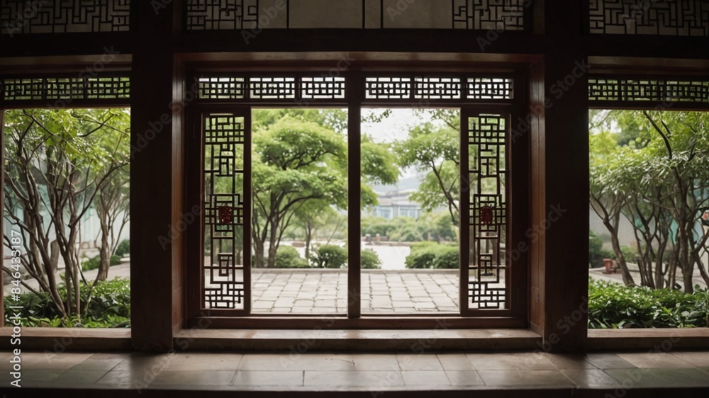 Fototapeta premium Generative AI. Enter a world of timeless beauty with this charming Chinese-style room. The delicate wooden doors and windows showcase the artistry and attention to detail that defines luxury.