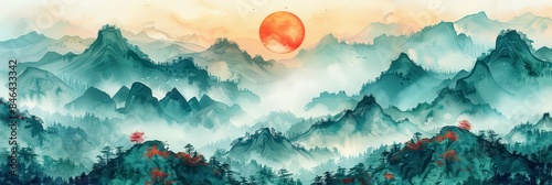 Serene Watercolor Landscape, Misty Mountains and a Crimson Sun