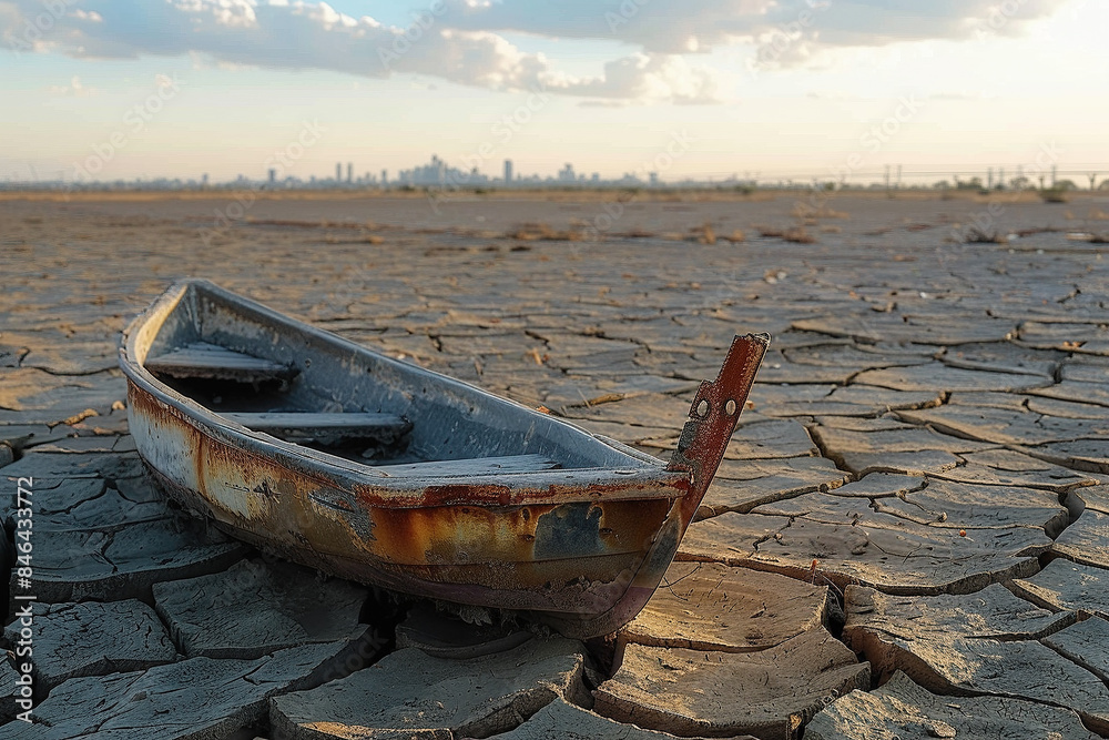 A small boat stranded on a dried, cracked lakebed with an urban skyline in the background - Generative AI A small boat stranded on a dried, cracked lakebed with an urban skyline in the background - Generative AI