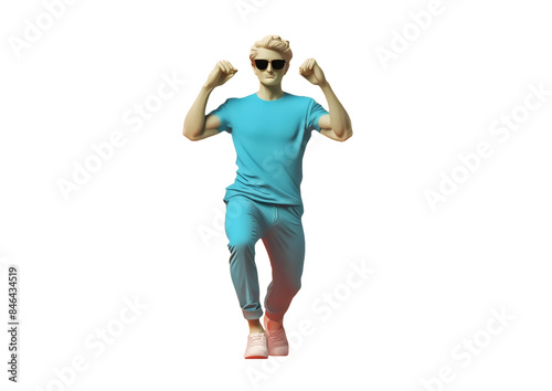 サングラスをかけて青い服装で運動する身振り手振りの男性【背景無し】