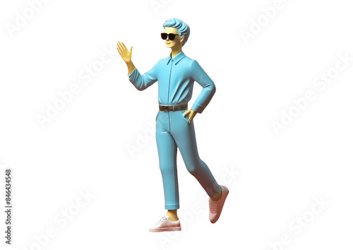 サングラスをかけて青い服装で運動する身振り手振りの男性【背景無し】