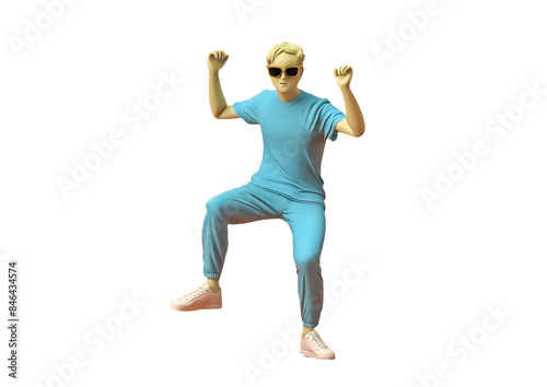 サングラスをかけて青い服装で運動する身振り手振りの男性【背景無し】