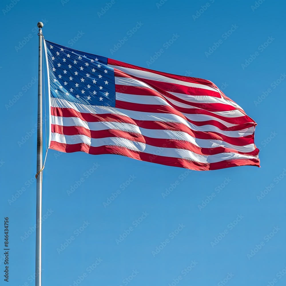 Obraz premium Majestic American Flag Waving in Clear Blue Sky