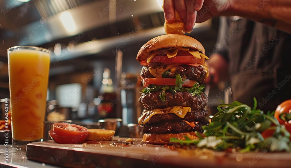 A professional chef is carefully placing the final touches on an award-winning burger A professional chef is carefully placing the final touches on an award-winning burger