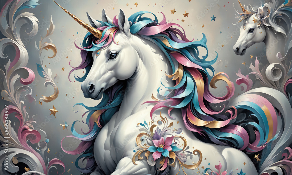 Fototapeta Fantasy Illustration of a wild unicorn Horse. Digital art style wallpaper background in pastel colors.