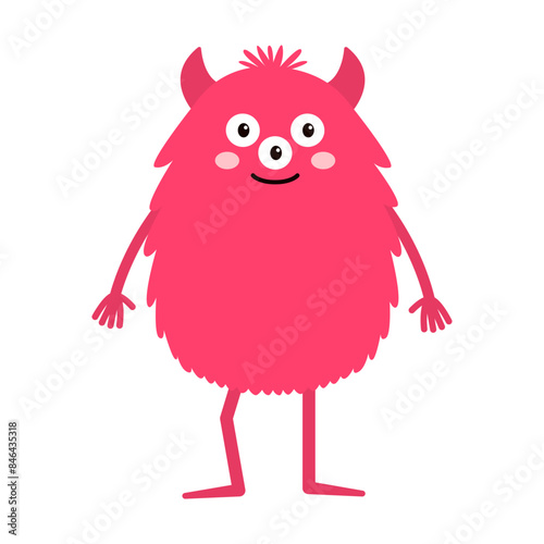 Happy Halloween. Cute monster standing. Pink monsters silhouette icon. Three eyes, smiling face, hands. Cartoon kawaii funny baby character. Childish style. Flat design. White background. Vector