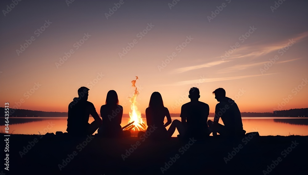 silhouette of A group of friends camping around a crackling bonfire, sunset view
silhouette of A group of friends camping around a crackling bonfire, sunset view