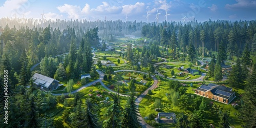 Aerial view of an eco-friendly village nestled in a forest, featuring green landscapes, sustainable houses, and renewable energy sources, Gernerative AI photo