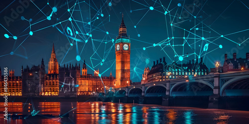 England telecommunication and data transfer networks with global internet connectivity for communication technology. Includes IoT, finance, business, blockchain, and security