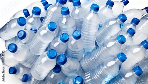 stacked used and discarded plastic water bottles, plastic consumption theme, advertising shot, isolated white background 