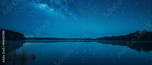 Peaceful lake at night, stars reflecting on its calm surface, creating a serene and reflective natural setting, isolated in nature photo