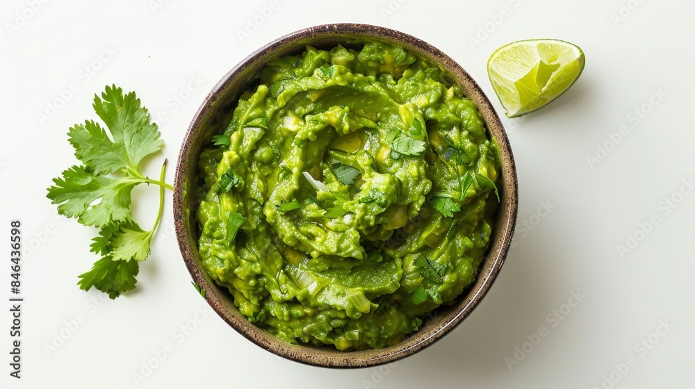 Overhead view of guacamole, vibrant green with visible lime juice, cilantro, and onion pieces, served in a ceramic bowl on a clean white background Overhead view of guacamole, vibrant green with visible lime juice, cilantro, and onion pieces, served in a ceramic bowl on a clean white background