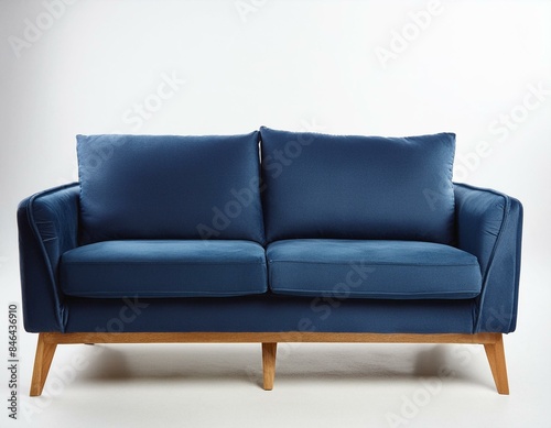 Dark blue suede couch on wooden legs white background