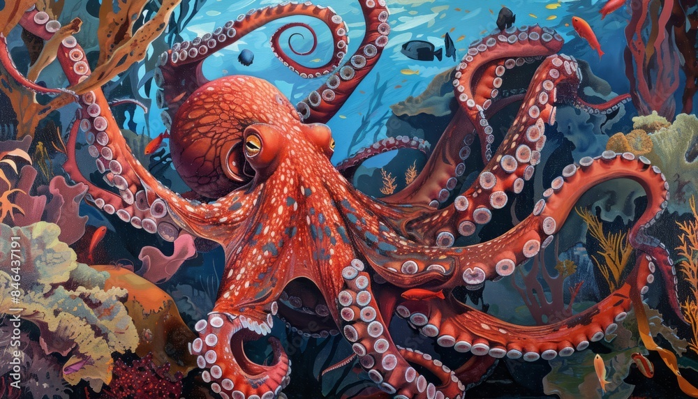 Obraz premium Exploring the Intriguing World of the Big Red Reef Octopus - AR 7:4