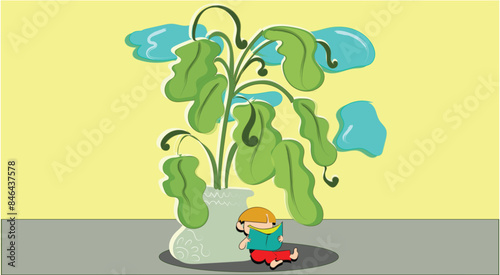 Animated boy sitting next to a large potted plan, reading