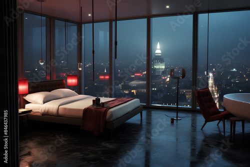 the atmosphere of the room in the hotel on the highest floor with a view of the city centre in the rain