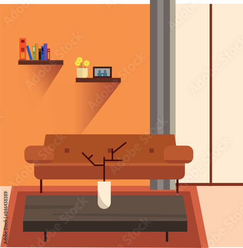Vector of a living room with a sofa, table and book shelves