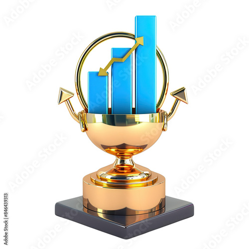 A golden trophy with a blue bar chart and upward arrow, symbolizing success and growth.