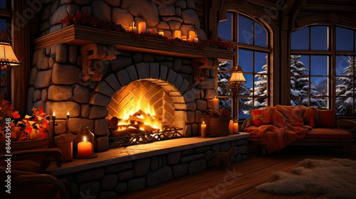 Cozy fireplace with crackling flames © KALEYA