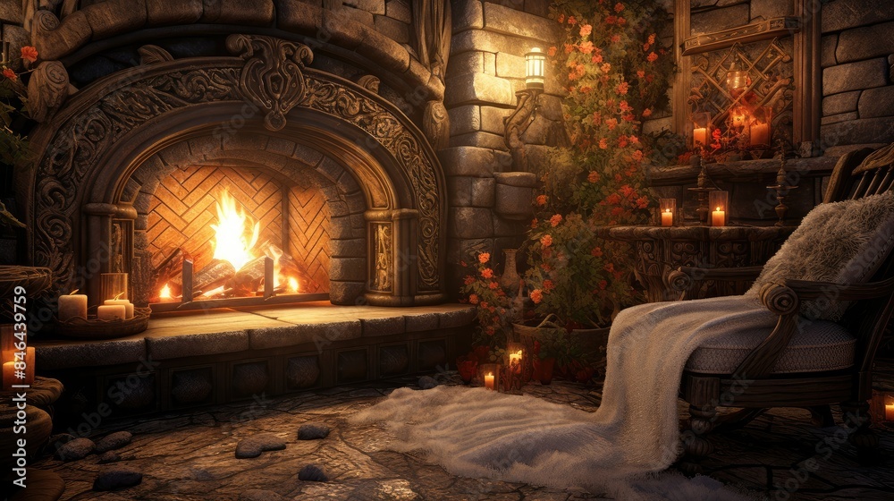 Cozy fireplace with crackling flames Cozy fireplace with crackling flames