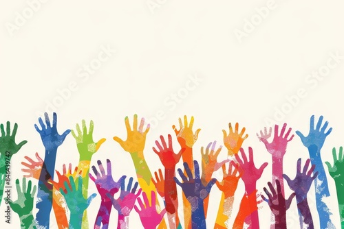 Colorful painted hands raised in celebration, symbolizing diversity, creativity, unity, and the joyful expression of community and inclusion, Gernerative AI