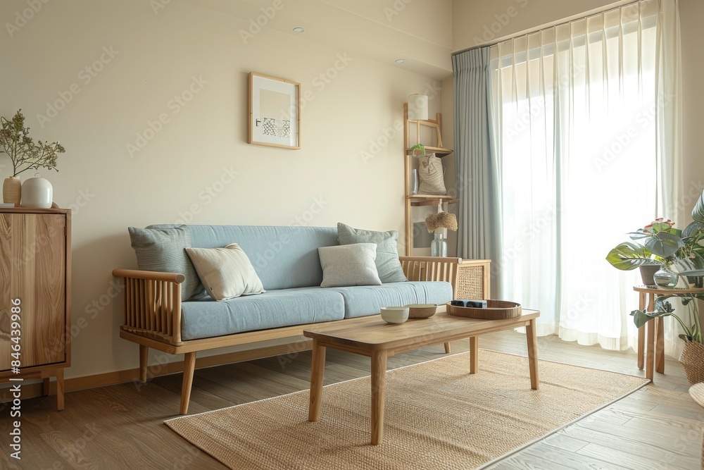 Simple living room with a grey sofa, yellow pillows and coffee table. There is an empty picture frame on the wall Simple living room with a grey sofa, yellow pillows and coffee table. There is an empty picture frame on the wall