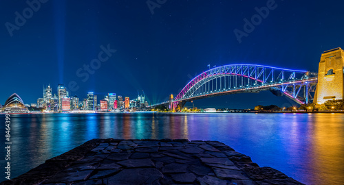 Photography Sydney city lights and Opera House bridge at night during the light festival