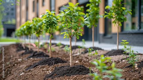 A row of newly planted trees in an urban setting