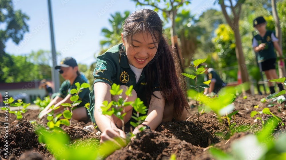 A school event where students plant trees around their campus A school event where students plant trees around their campus