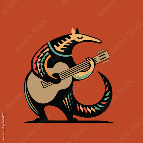 Simple vector design of an anteater playing guitar in folk art style