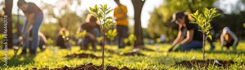 A sunny day with volunteers planting trees in a public park